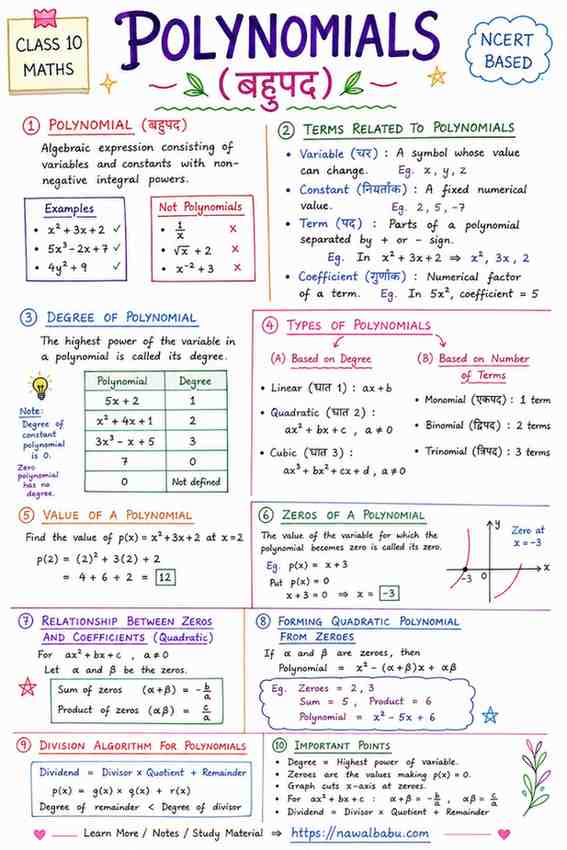 Class 10 Maths Chapter 2 Polynomials Notes in Hindi | NCERT बहुपद Notes, MCQs & Solutions