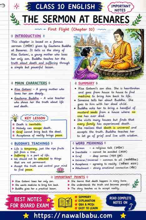 The Sermon at Benares Class 10 Notes in Hindi | Summary & Q&A